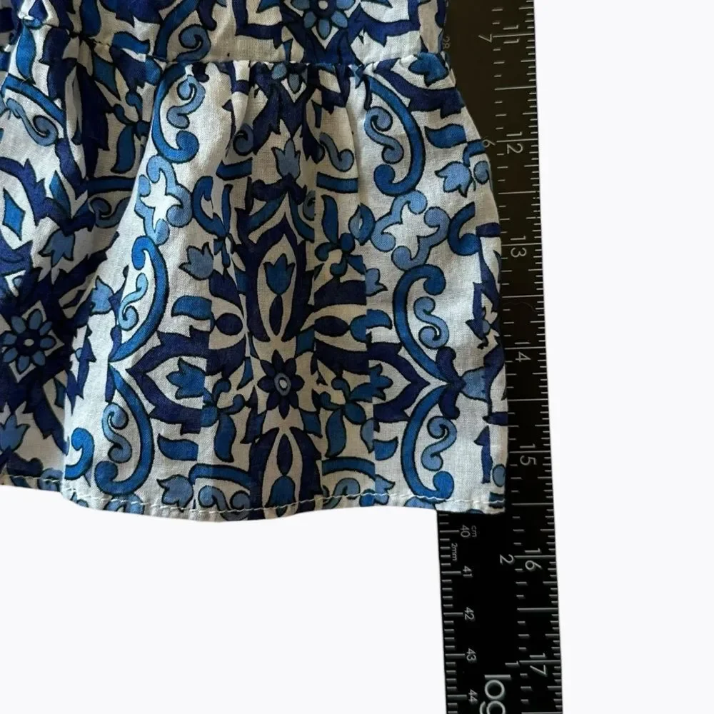 Milly Blue Pink Floral Medallion Boho Blouse Large Tassel Tie Peasant Top Casual
